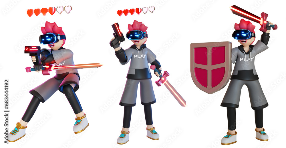 men character holding a sword shield gun and wearing VR glasses. Play games mmorpg in the metaverse on transparent background
