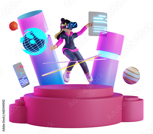 women using vr playing the game metaverse in podium. on transparent background