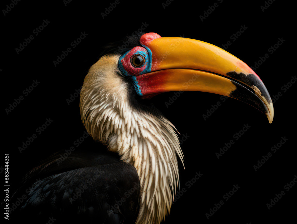Hornbill Studio Shot Isolated on Clear Black Background, Generative AI