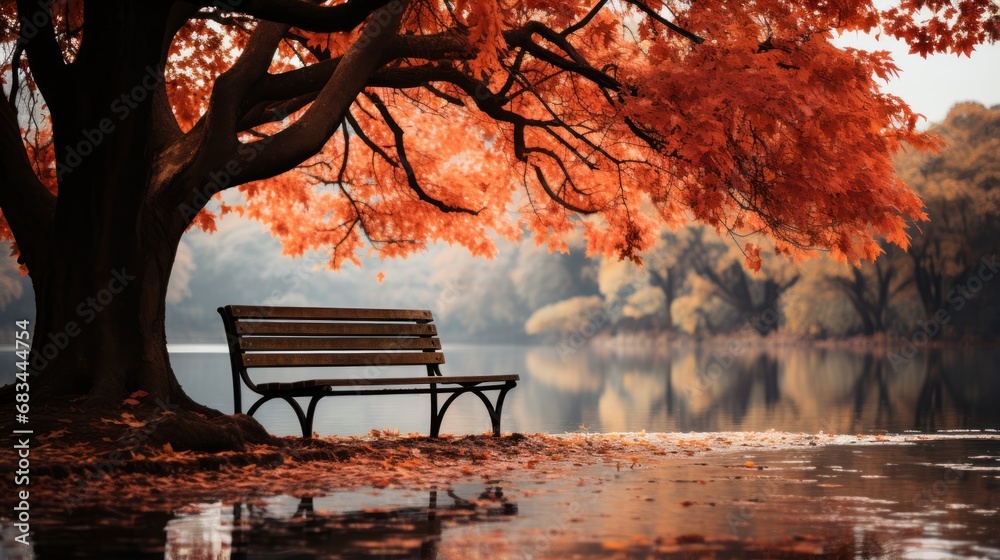A bench in an autumn park landscape in the morning fog and tranquility background