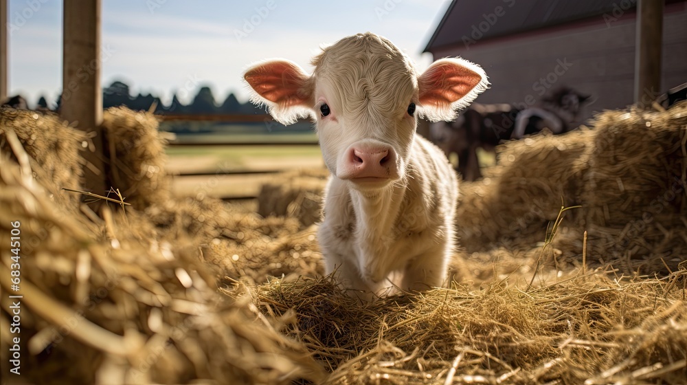 Fototapeta premium A playful calf exploring a rustic farmyard filled with hay bales