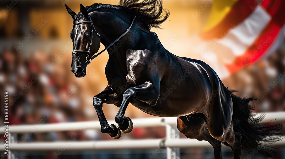 A regal black stallion performing a powerful leap over an obstacle in a show-jumping arena - obrazy, fototapety, plakaty 