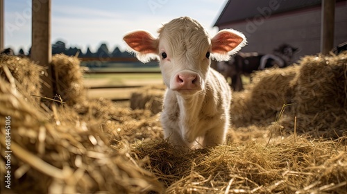 A playful calf exploring a rustic farmyard filled with hay bales