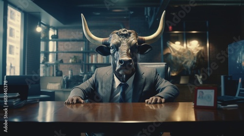 bull in suit realistic office on background trader.Generative AI