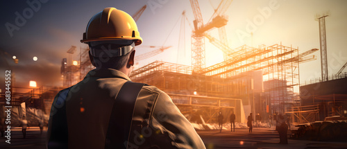engineer and worker working on construction site with sunset background