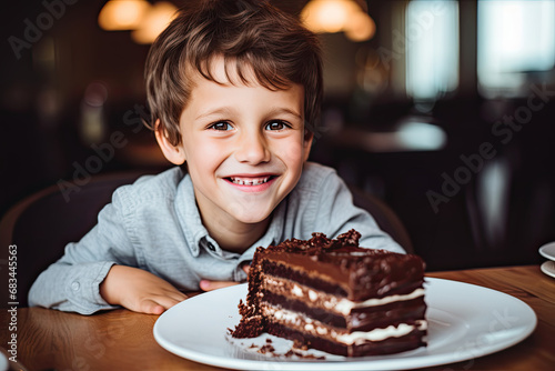 A charming boy celebrates his birthday with a delicious chocolate cake.