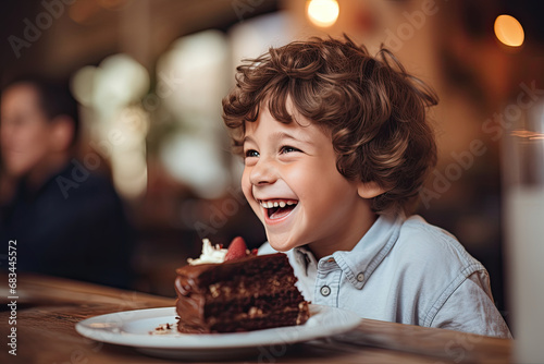 Cute Caucasian boy enjoys a delicious cake, celebrating a joyful and happy event.