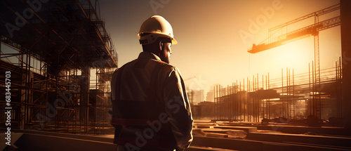 engineer and worker working on construction site with sunset background