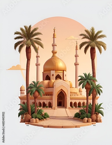 3D Beautiful Islamic Mosque with golden minarets and palm trees in the sunset sky, illustrations for islamic greeting cards, Ramadan, and all prints on demand. Generative AI.