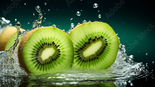 Kiwi fruit splashing in water on a dark green background