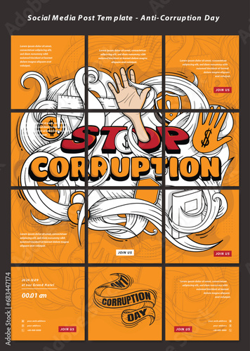Social media post template with hand and typography design for world anti-corruption day campaign