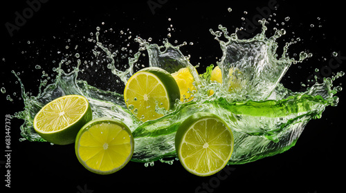 Lime slices and water splash isolated on black background, clipping path included