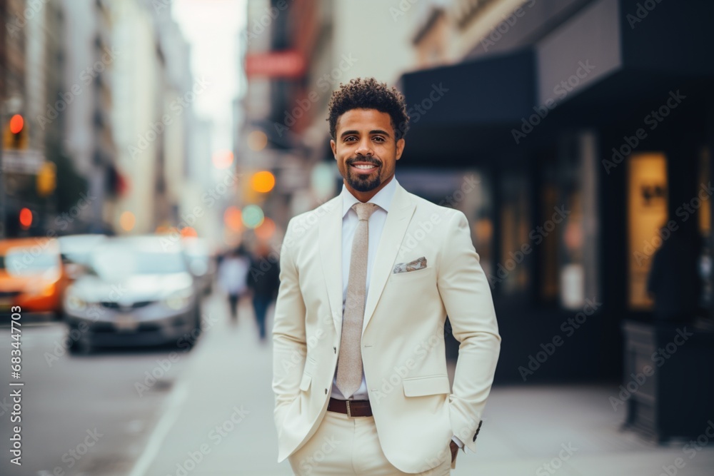 Fototapeta premium The Elegant Gentleman: A Stylish Man in a White Suit Standing on a Vibrant City Street