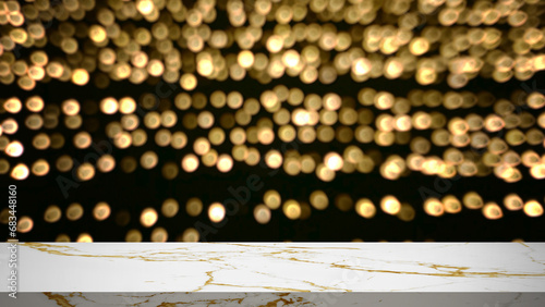 empty gold and white marble tabletop with yellow light bokeh background for product displayed in festive mood and tone. luxury background for product stand with empty copy space for party, promotion.
