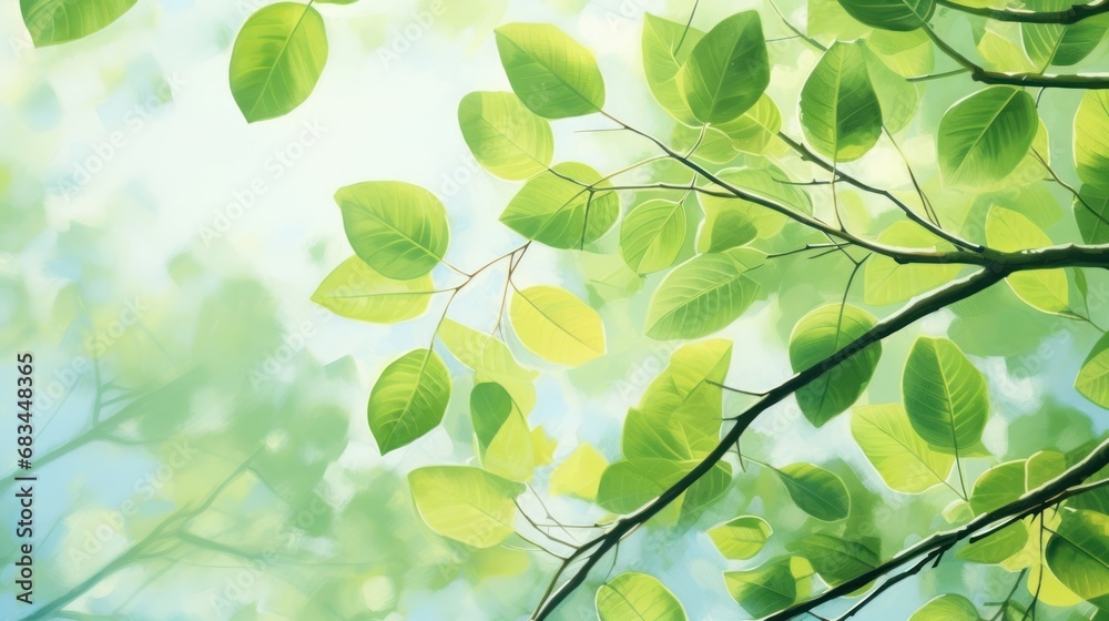 Close-up of light green leaves and sunlight. Blurred background. Beautiful natural bokeh. Copy the space for entering text. Close-up of light green leaves and sunlight. Blurred background. Beautiful natural bokeh. Copy the space for entering text.