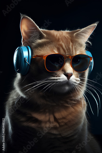 Portrait of party dj cat with headphones and sunglasses on black background