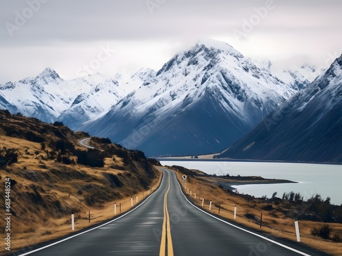 a narrow roadway going towards mountains covered with snow in in winters