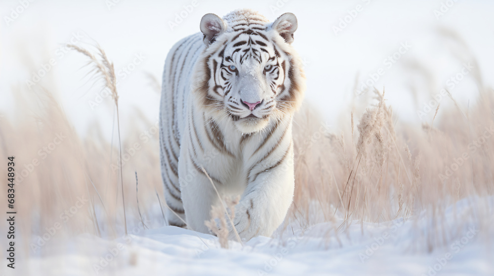 Obraz premium Albino Tiger Majesty in a Minimalist Snowy Meadow