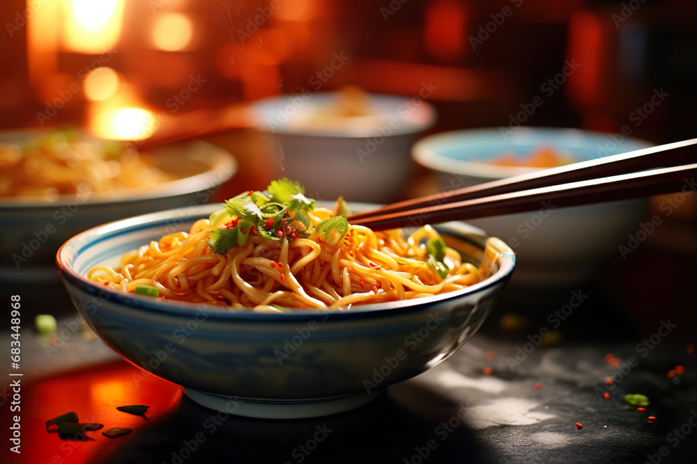 A bowl of noodles with chopsticks. Generative Ai A bowl of noodles with chopsticks. Generative Ai