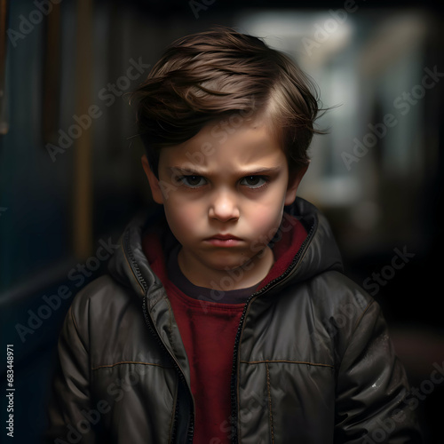 Moody angry 8-year-old boy on the dark background. High-resolution © fillmana