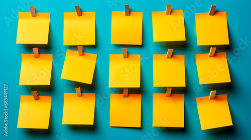 Yellow post its on a blue background with space to write text. photo