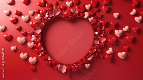 Valentine s Day themed background featuring a bright red backdrop with a frame  surrounded by various sizes of 3D heart shapes in shades of red.