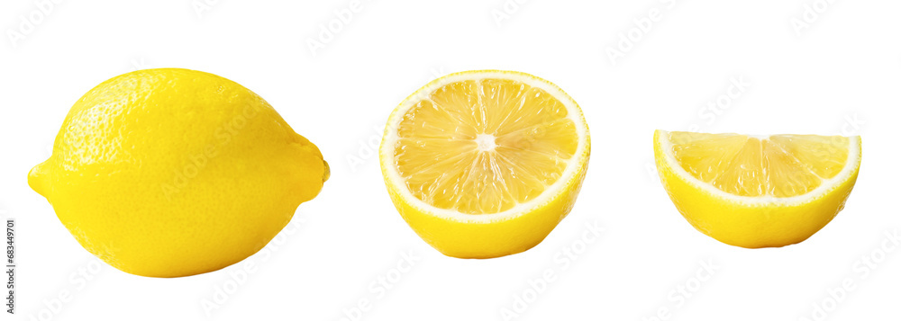 Set of whole yellow lemon with half and slice isolated on white background with clipping path