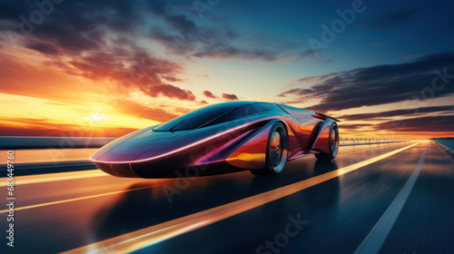 Futuristic Concept Car Speeding on Highway at Sunset