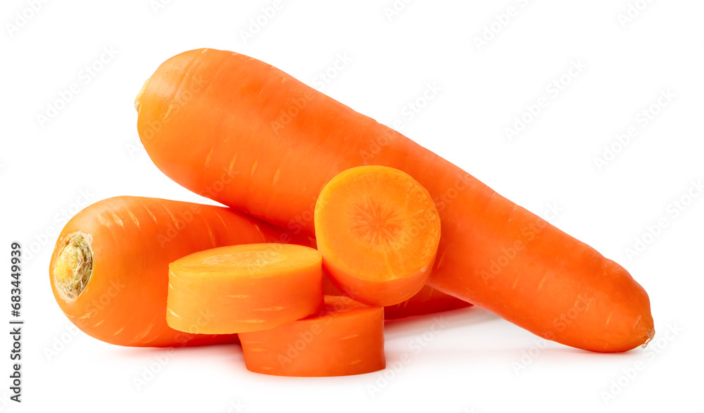 Two fresh orange carrots with slices in stack isolated on white background with clipping path and shadow in png file format Close up of healthy vegetable root Two fresh orange carrots with slices in stack isolated on white background with clipping path and shadow in png file format Close up of healthy vegetable root