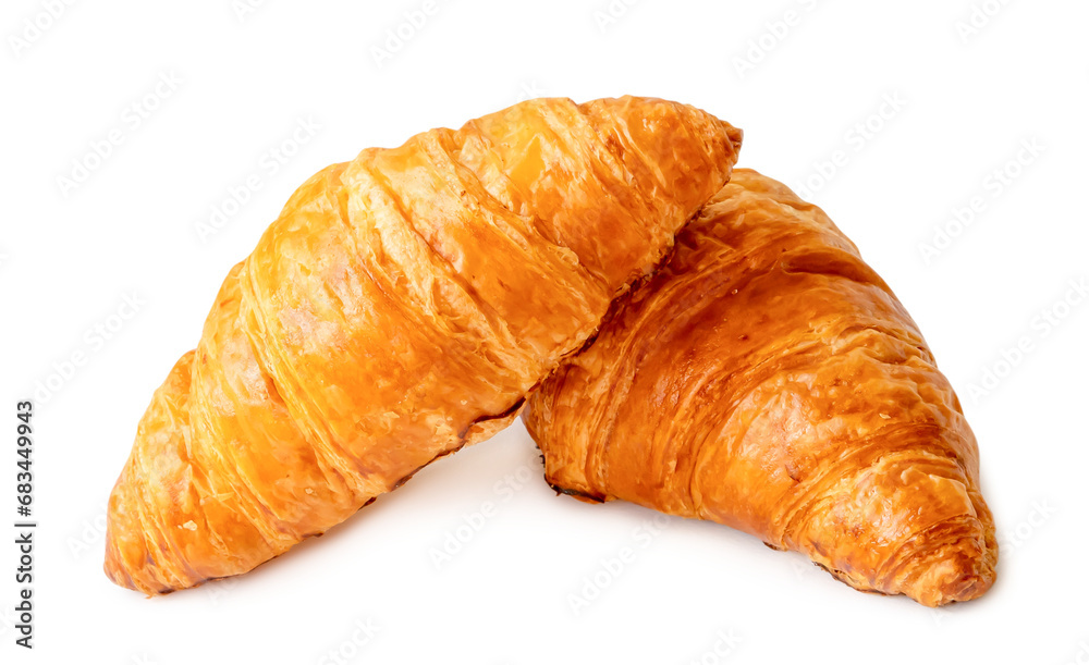 two piece of croissant in stack and cross shape isolated on white background with clipping path in png file format