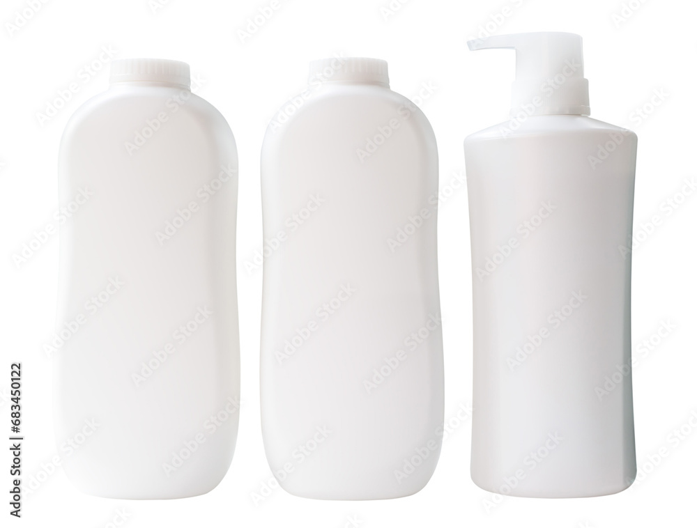 Set of three white shampoo or hair conditioner and powder bottle or container isolated on white background with clipping path. Set of three white shampoo or hair conditioner and powder bottle or container isolated on white background with clipping path.