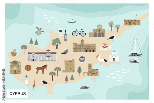 Color hand drawn illustrated map of Cyprus Island. Traditional buildings, food, transport, animals, birds and symbols. Bright design for tourist posters, banners, prints