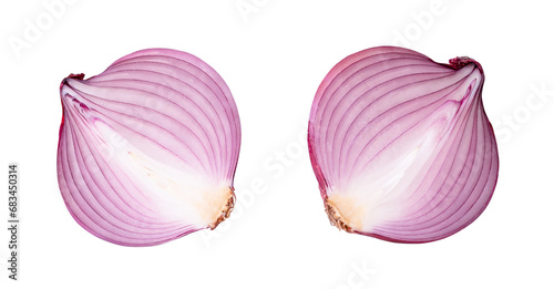 Top view of fresh red or purple onion halves in set isolated on white background with clipping path in png file format.