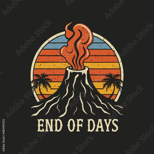 Vector t-shirt design Vintage retro sunset black style design of a cartoon Gibbons A volcano with flames rising from it and Lava is falling from it, text “ end of days"

