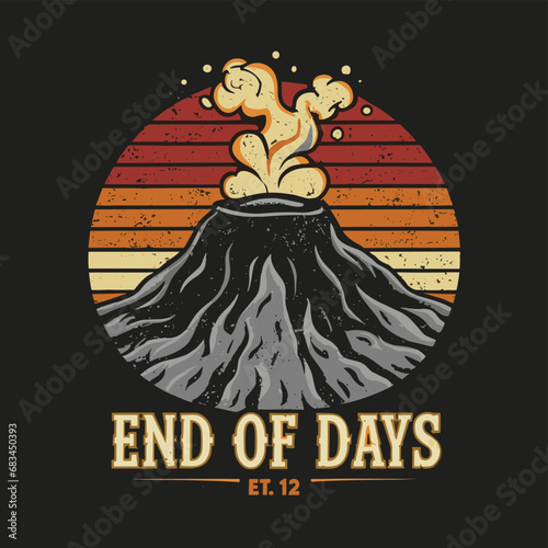 Vector t-shirt design Vintage retro sunset black style design of a cartoon Gibbons A volcano with flames rising from it and Lava is falling from it, text “ end of days"

