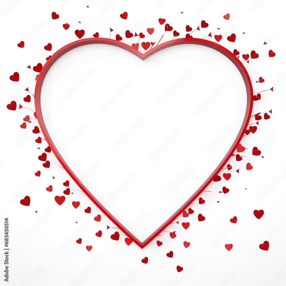 red heart shaped frame with small red hearts on the side, on white background. Valentine or happy birthday or Mother's Day concept. Generative AI