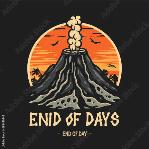 Vector t-shirt design Vintage retro sunset black style design of a cartoon Gibbons A volcano with flames rising from it and Lava is falling from it, text “ end of days"

