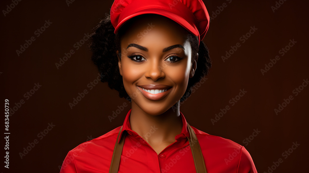 Portrait of a smiling african american female chef isolated on solid red background. Banner, copy space Portrait of a smiling african american female chef isolated on solid red background. Banner, copy space