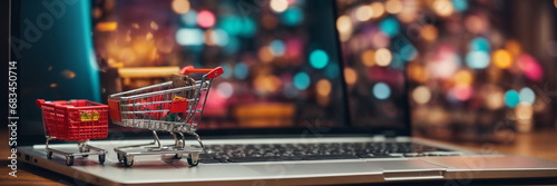 Online shopping e-commerce and customer experience concept: cashiers with shopping cart on a laptop keyboard, depict shopper consumers buy or purchase goods and services at home or office photo