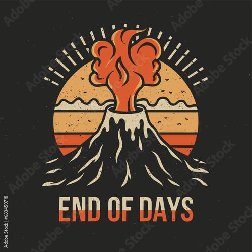 Vector t-shirt design Vintage retro sunset black style design of a cartoon Gibbons A volcano with flames rising from it and Lava is falling from it, text “ end of days"

