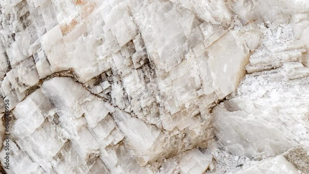Crystals of mineral white Icelandic spar, selective focus, moving sideways, close-up macro, top view Crystals of mineral white Icelandic spar, selective focus, moving sideways, close-up macro, top view