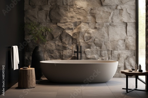 A Scandinavian-inspired bathroom with a freestanding tub  matte black fixtures  and natural stone accents