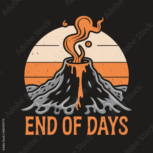 Vector t-shirt design Vintage retro sunset black style design of a cartoon Gibbons A volcano with flames rising from it and Lava is falling from it, text “ end of days"


