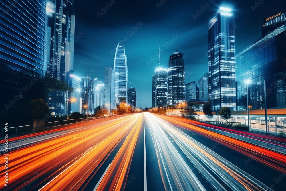 Fototapeta premium abstract motion blurs city traffic in the central district, abstract motion blur city traffic, Finance and Trade Zone of the modern city night background