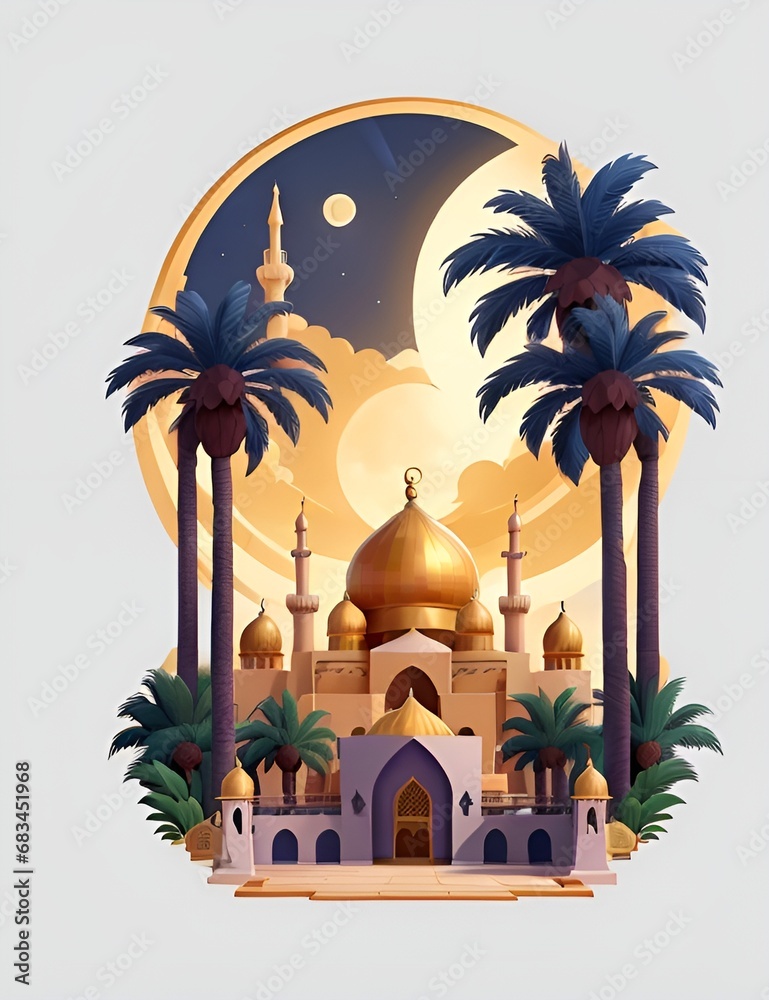 3D Islamic Mosque with a golden dome and palm trees. The mosque is surrounded by palm trees and a crescent moon the symbol of Islam and Ramadan. Illustration for print on demand. Generative AI.