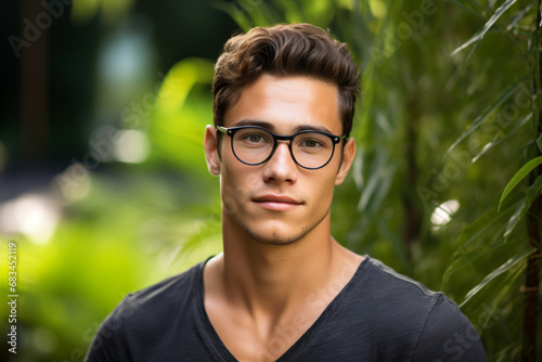 a man wearing glasses standing in front of a bush