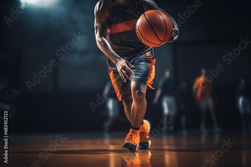 basketball player with a ball on a dark background, Basketball player holding the ball, on a dark background, Basketball player. Sports banner, american basketball player  © MH