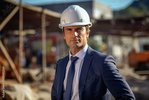 a man in a suit and a hard hat