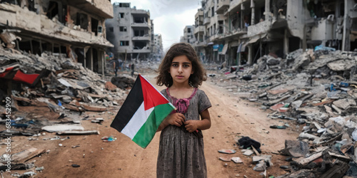 Palestinian girl holding Palestinian flag in Gaza photo