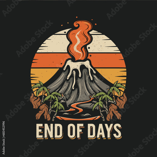 Vector t-shirt design Vintage retro sunset black style design of a cartoon Gibbons A volcano with flames rising from it and Lava is falling from it, text “ end of days"

